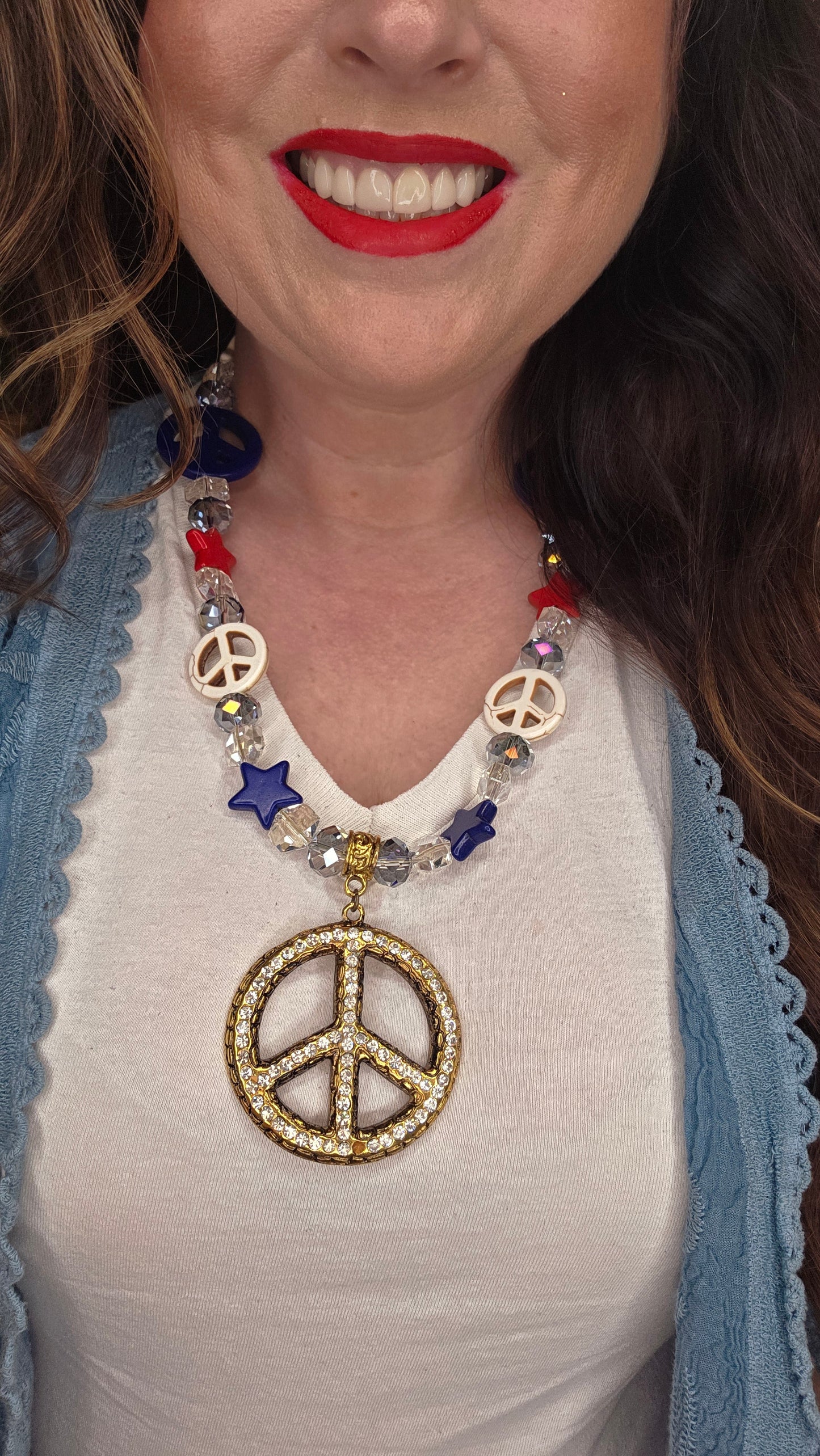 Red, White, Blue Peace and Stars Statement Necklace by Sandra Ling Designs