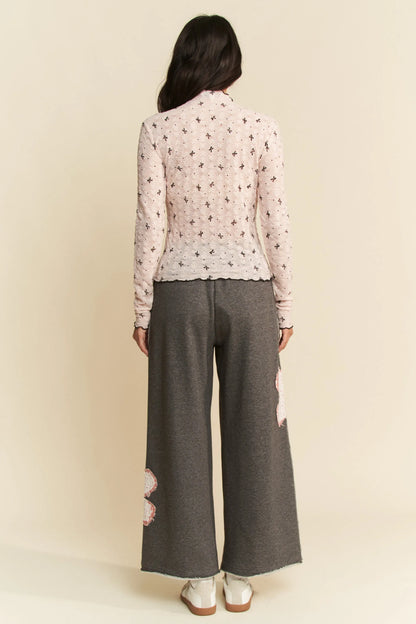 Davi & Dani Ribbon Bow Lace Hem Long Sleeve Mesh Layering Top