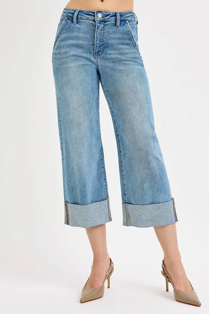 RISEN Full Size Tummy Control High Rise Ankle Wide Cuffed Jeans Plus Size