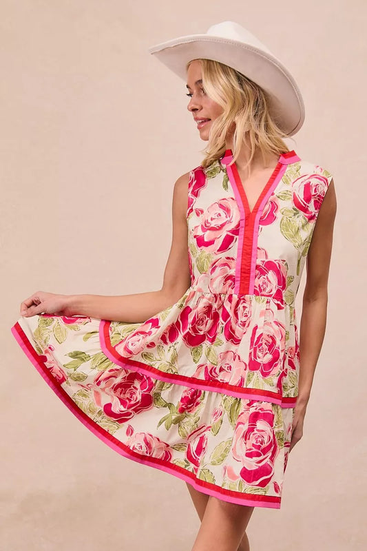 BiBi Floral Woven Contrast Edge Tiered Ruffle Mini Dress