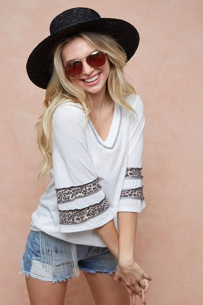 BiBi Triblend Knit Top with Leopard Band Detail