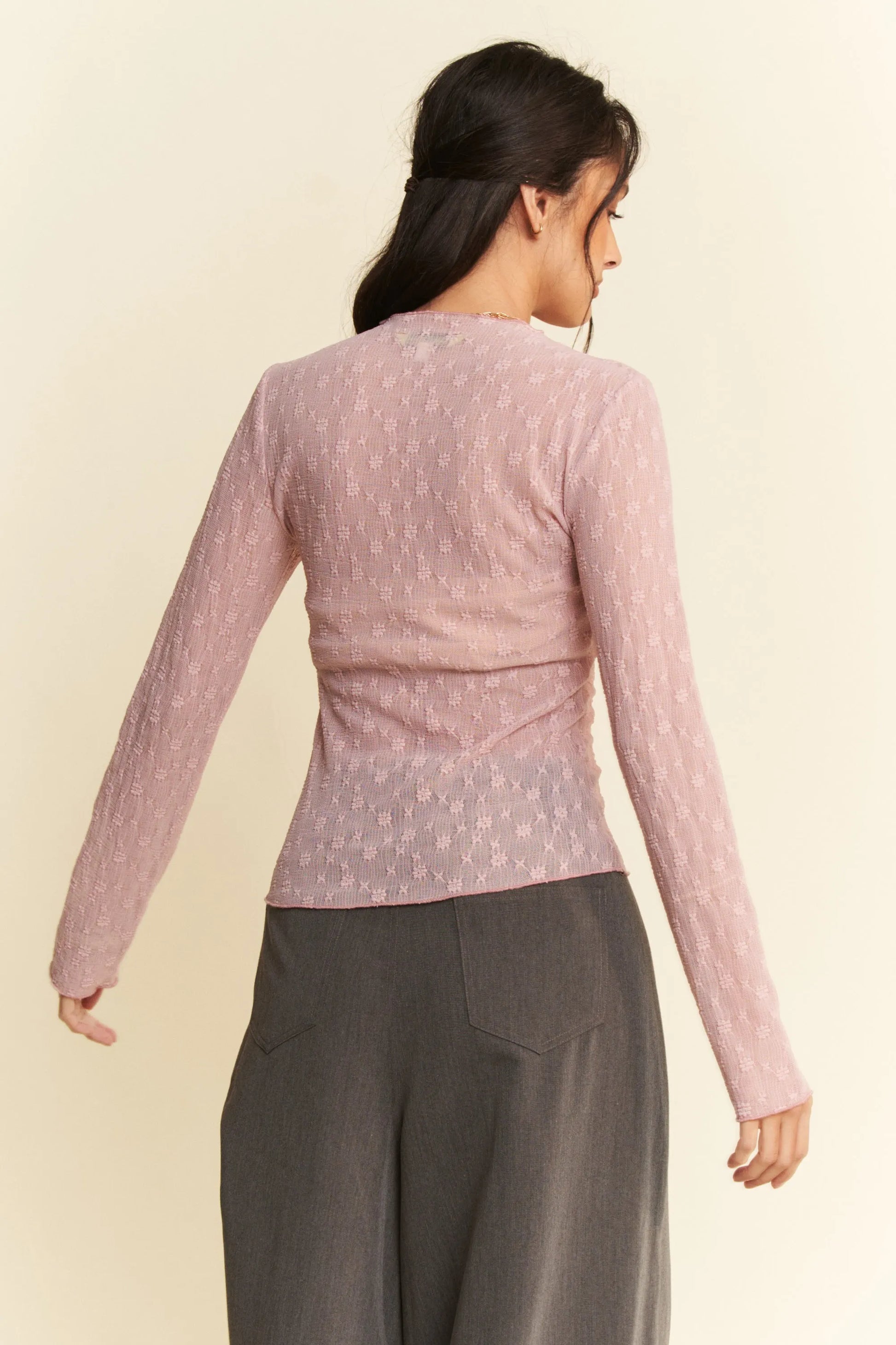 Davi & Dani Long Sleeve Sheer Small Embroidered Bows Lace Top