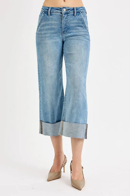 RISEN Full Size Tummy Control High Rise Ankle Wide Cuffed Jeans Plus Size
