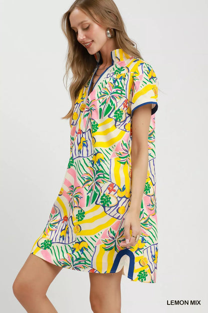 Umgee Tropical Print Collared Shift Dress