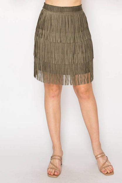 Origami - Olive Knee Length Layered Fringe Tiered Skirt