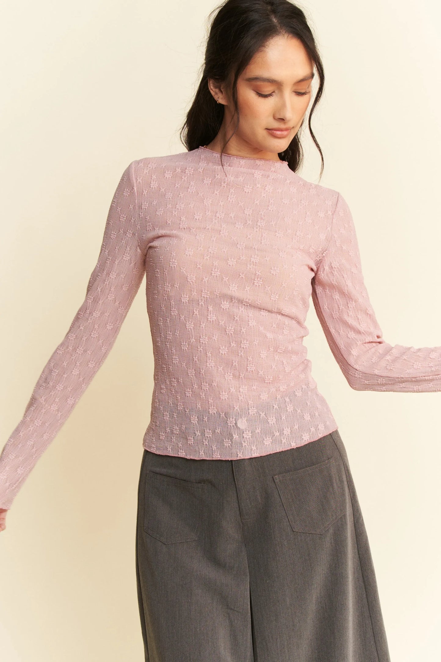 Davi & Dani Long Sleeve Sheer Small Embroidered Bows Lace Top