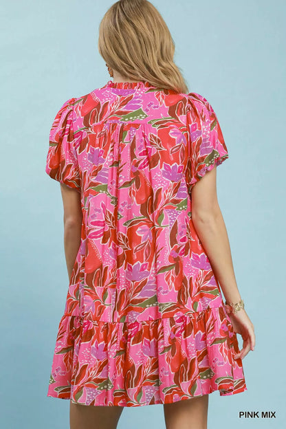 Umgee Tropical Floral Puff Sleeve Tiered Mini Dress