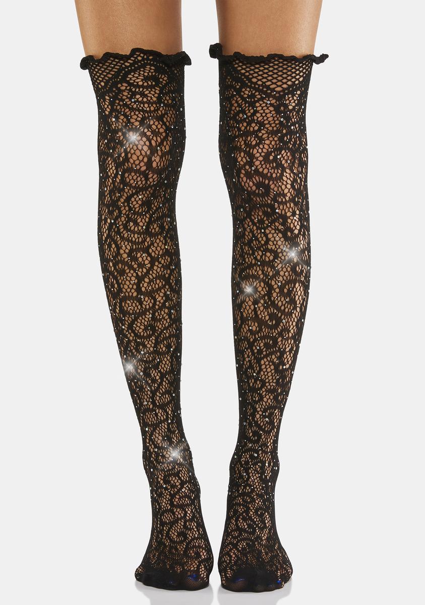 All Romance Rhinestone Fishnet Thigh High Socks
