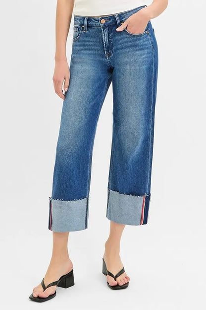 RISEN Full Size Tummy Control Mid Rise Crop Wide Cuffed Jeans Plus Size