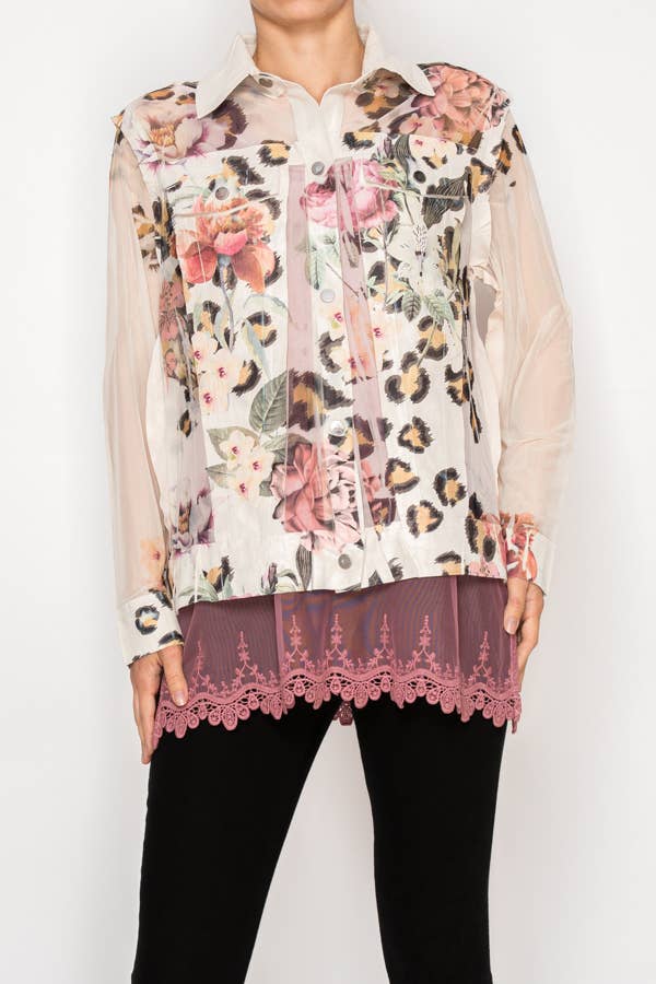 Faux Suede Mesh Trimmed Detailed Jacket - 4820BG-LEO FL: LEO FL / S
