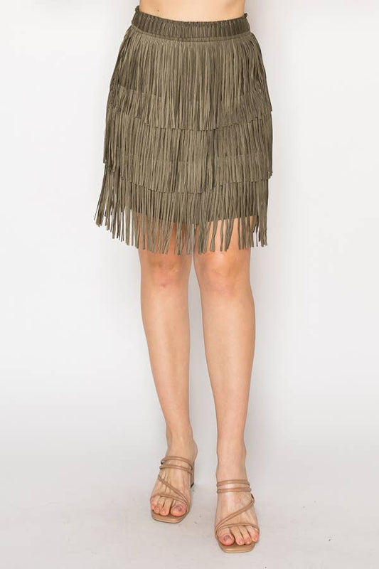 Origami - Olive Knee Length Layered Fringe Tiered Skirt