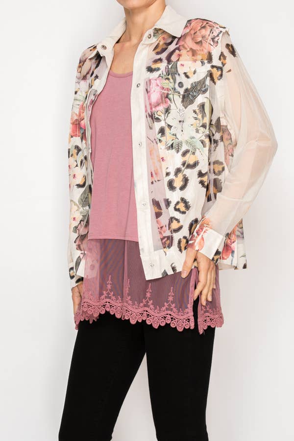 Faux Suede Mesh Trimmed Detailed Jacket - 4820BG-LEO FL: LEO FL / S