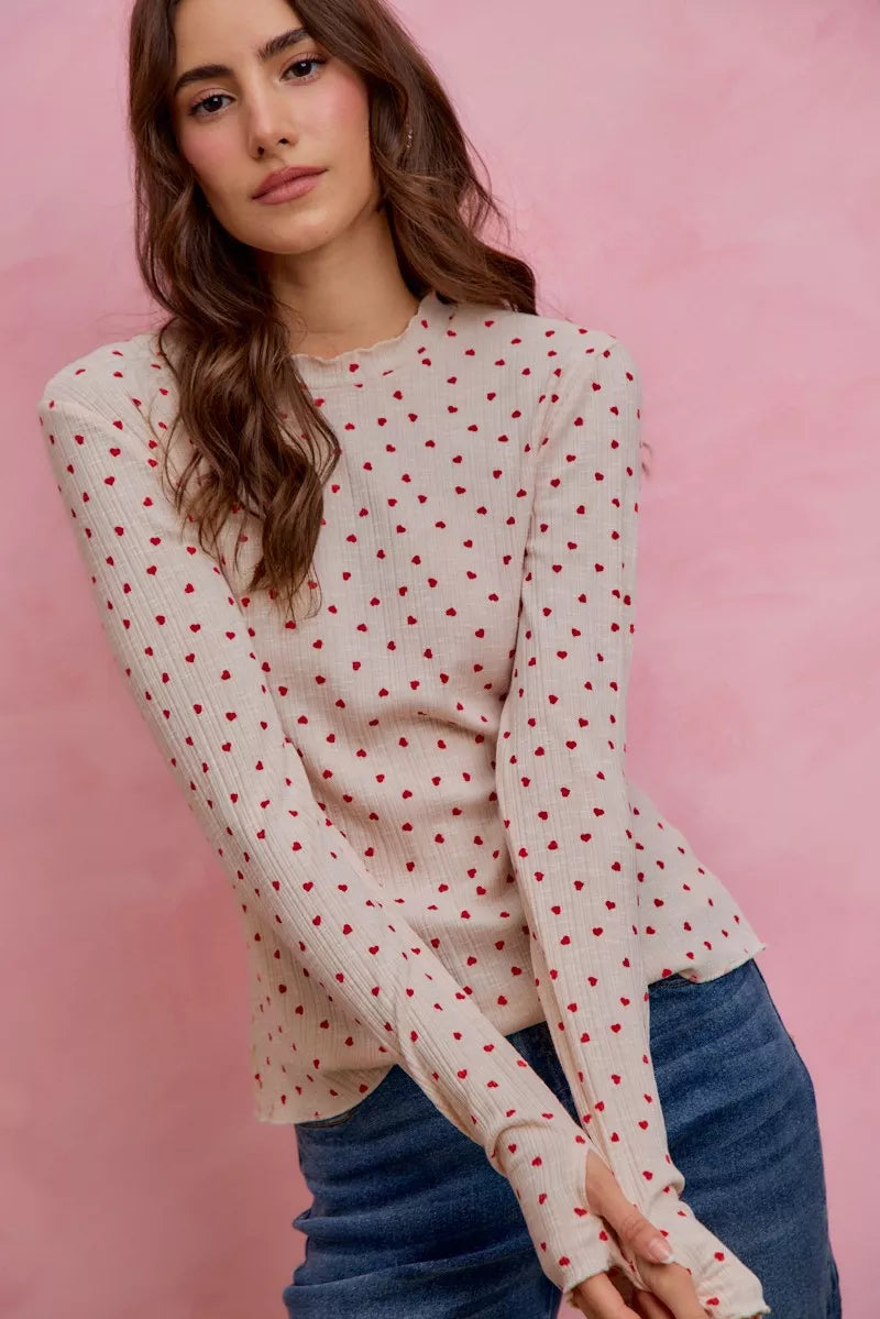 SO ME Ditsy Heart All Over Slub Rib Knit Valentine Top yr