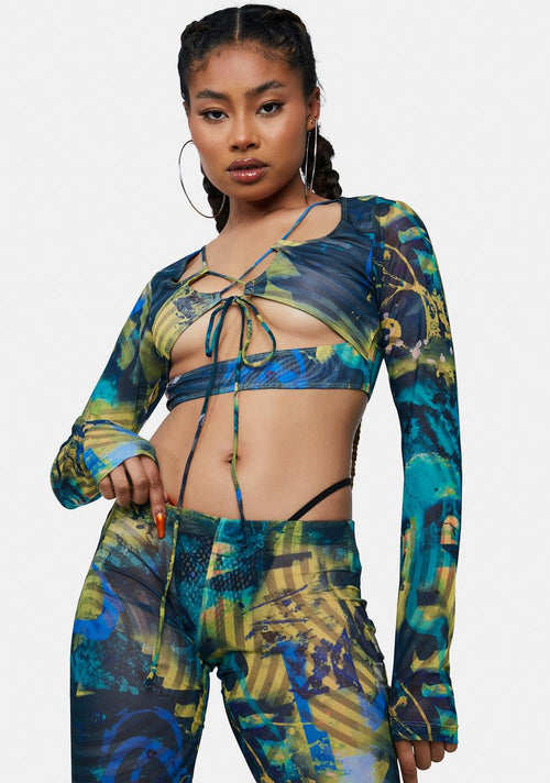 Abstract Burn Print Mesh Long Sleeve Crop Top