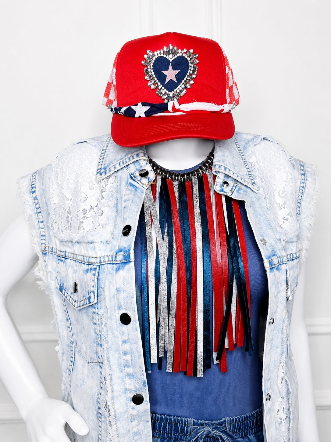 Patriotic Heart Rhinestone Trucker Hat | Red, White & Boujee Statement Cap by Sandra Ling Designs