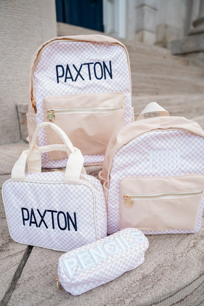Tan Checkered Backpack -PLAIN NO EMBROIDERY
