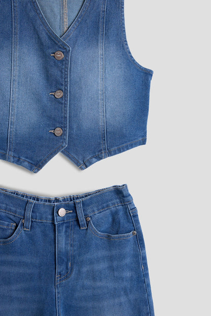Girls Cece Denim Vest & Wide Leg Jeans Set