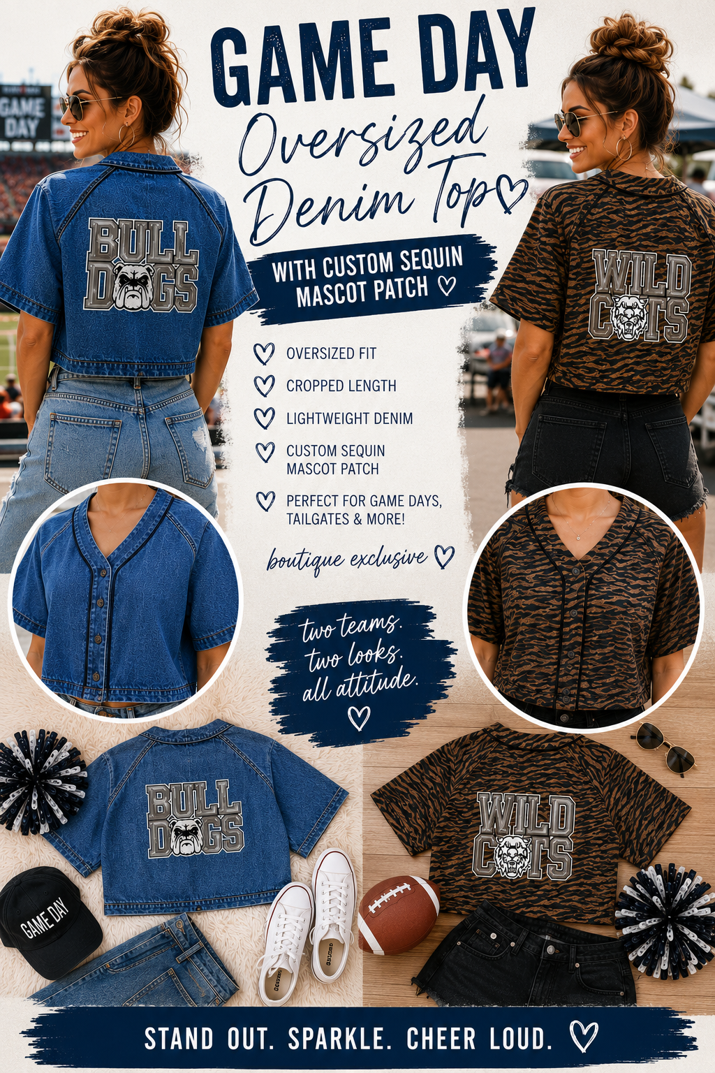 School Spirit Game Day Oversized Denim Top with Custom Sequin Mascot Patch