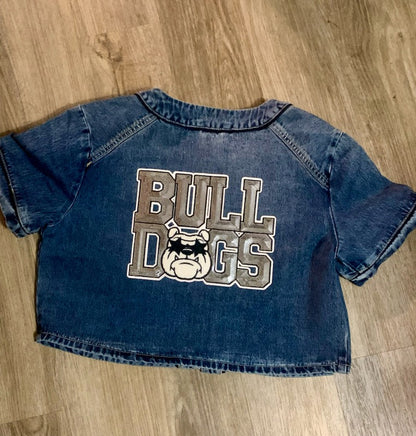 School Spirit Game Day Oversized Denim Top with Custom Sequin Mascot Patch