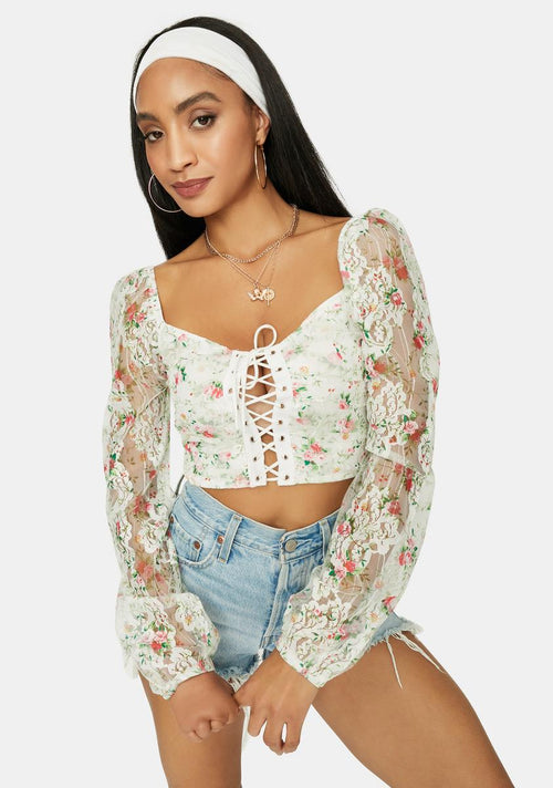 A Girls World Sheer Floral Lace Crop Top