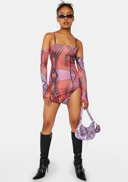 Abstract Strappy Mini Dress With Separate Sleeves