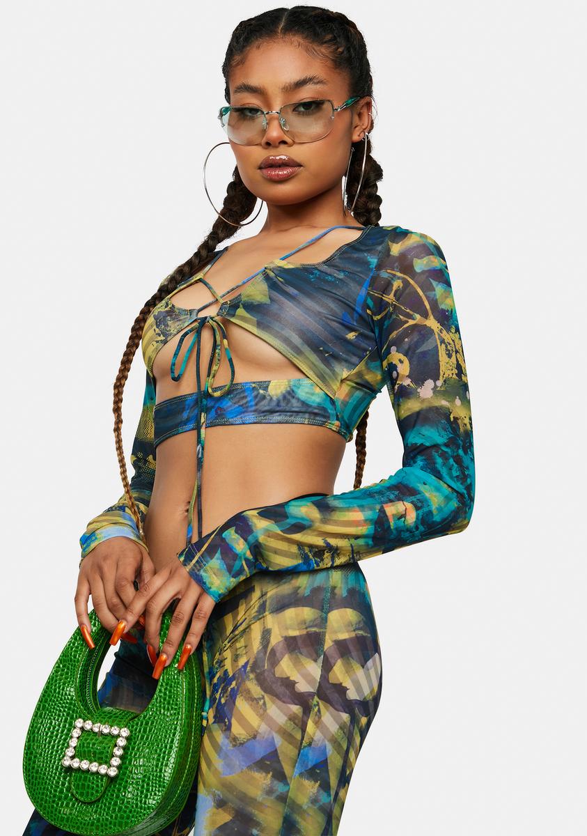 Abstract Burn Print Mesh Long Sleeve Crop Top