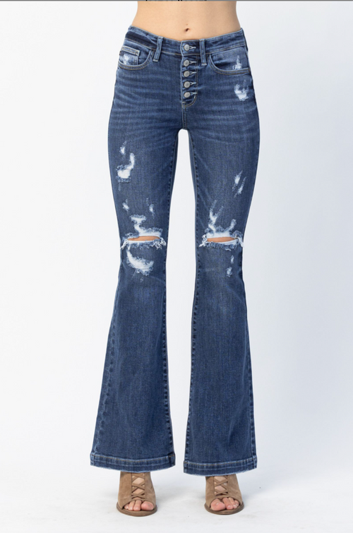 Judy Blue Destroyed Button Fly Trouser Flare