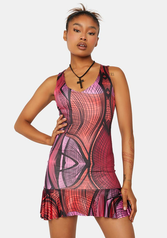 Abstract Printed Plunge Frill Hem Micro Mini Dress