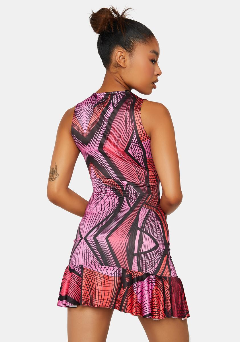 Abstract Printed Plunge Frill Hem Micro Mini Dress