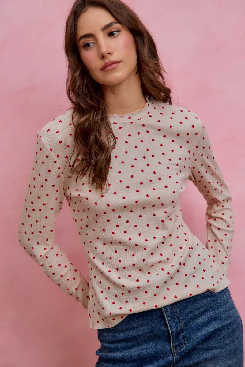 SO ME Ditsy Heart All Over Slub Rib Knit Valentine Top yr