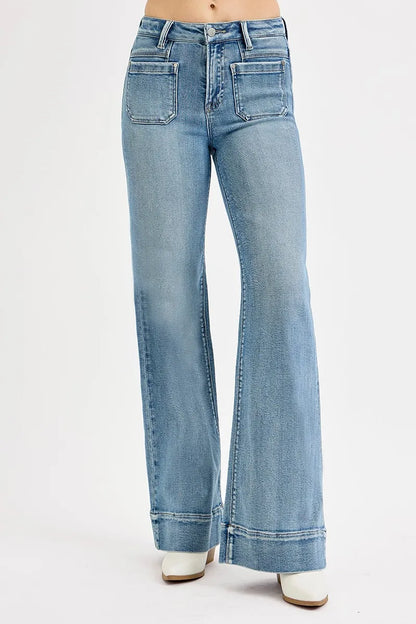 RISEN Full Size High Rise Wide Flare Patch Pocket Jeans Plus Size