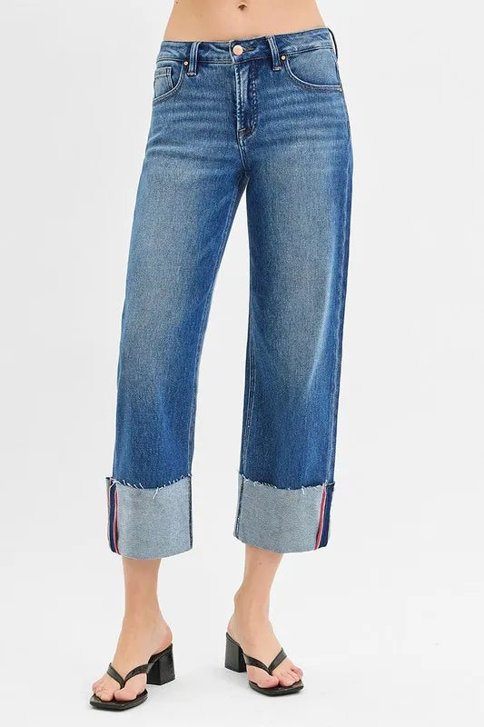 RISEN Full Size Tummy Control Mid Rise Crop Wide Cuffed Jeans Plus Size