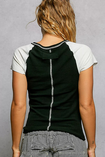 POL Round Neck Outseam Detail T-Shirt with Contrast Color Sleeves