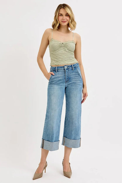 RISEN Full Size Tummy Control High Rise Ankle Wide Cuffed Jeans Plus Size