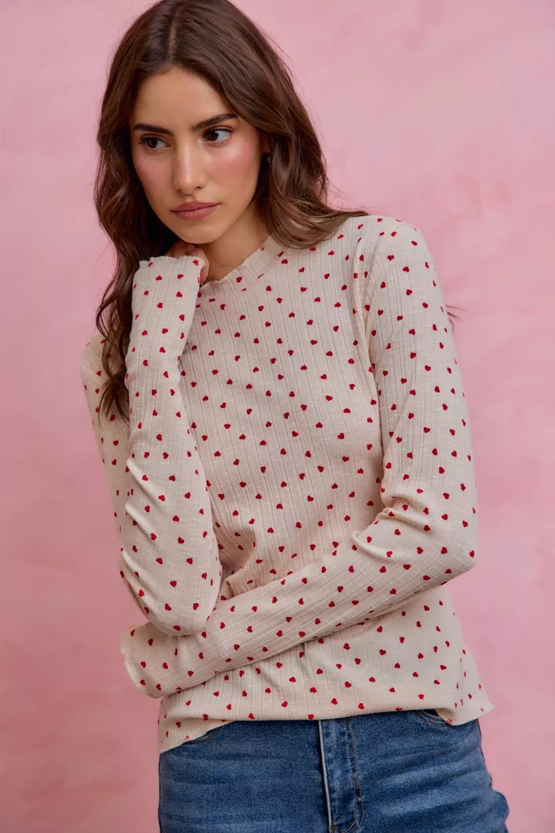 SO ME Ditsy Heart All Over Slub Rib Knit Valentine Top yr