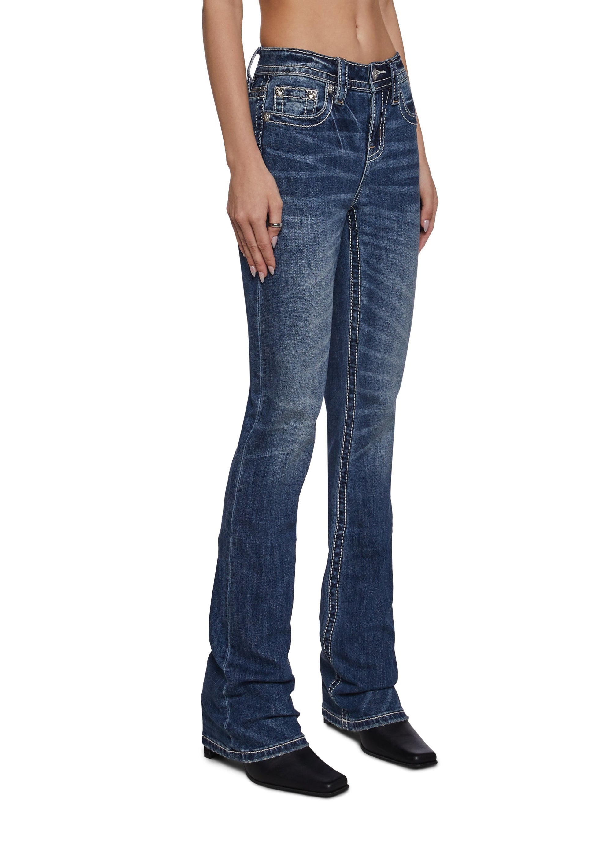 34" Mid Rise Washed Boot Cut Jeans