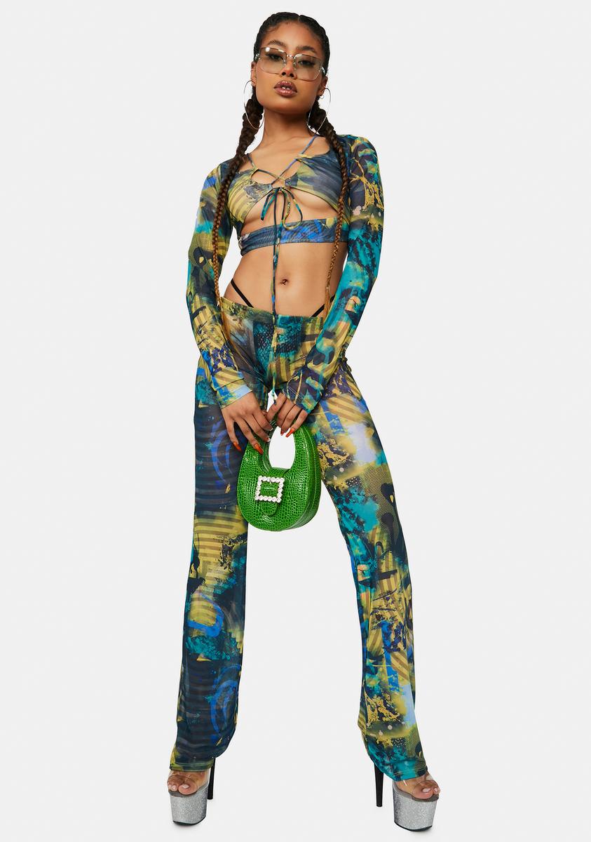 Abstract Burn Print Mesh Long Sleeve Crop Top