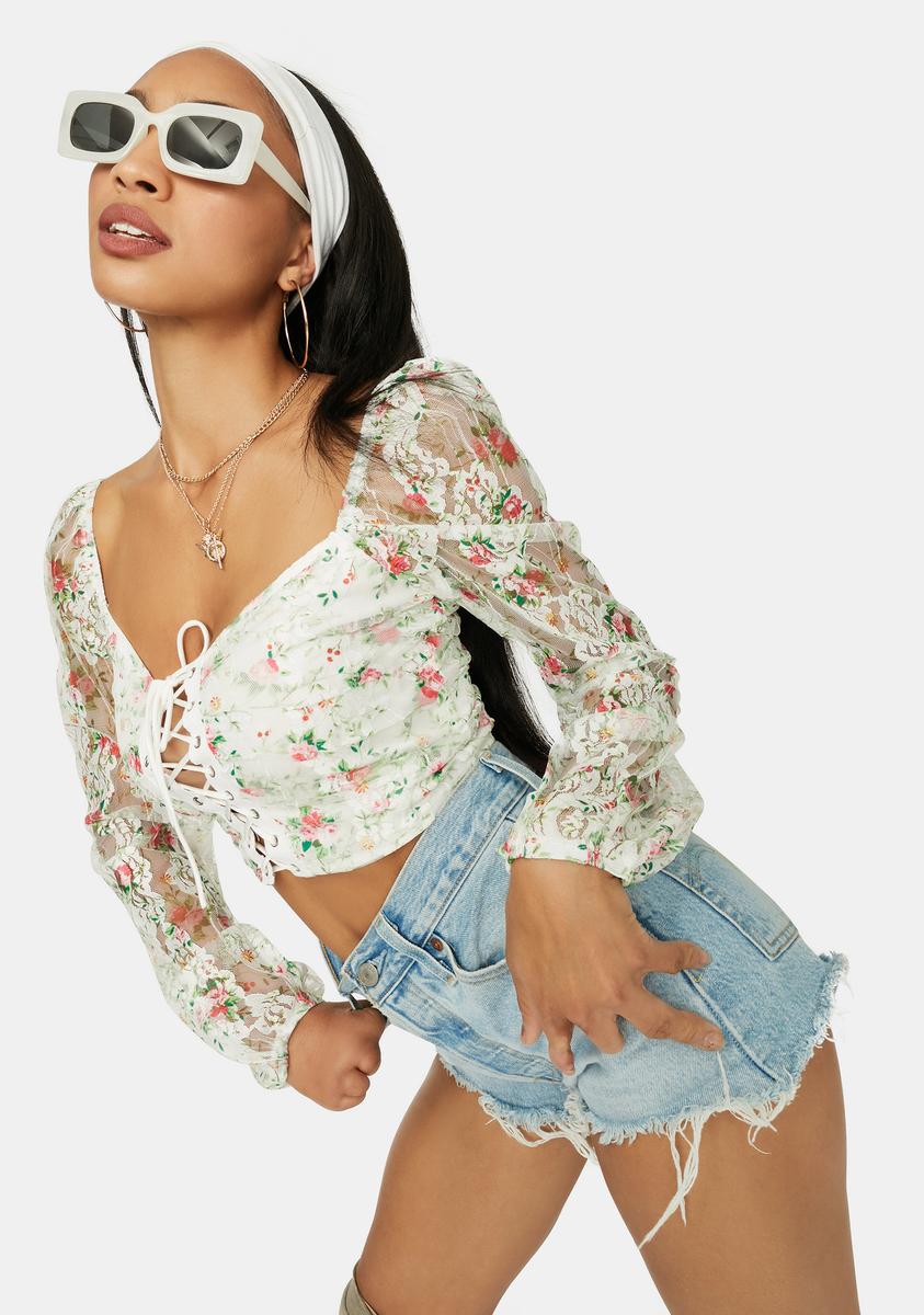 A Girls World Sheer Floral Lace Crop Top