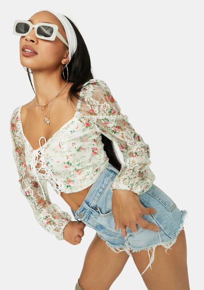 A Girls World Sheer Floral Lace Crop Top