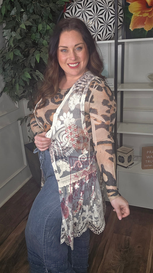 Origami - Starlit Leopard & Rose Crochet Lace Vest